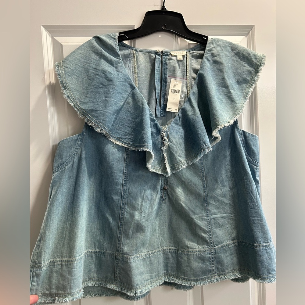 Anthropologie Light Wash Denim Ruffle Yoke Sleeveless Top